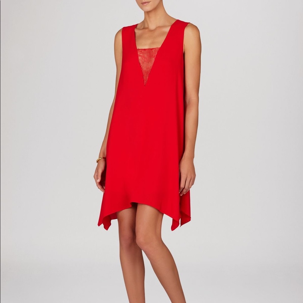 BCBGMaxazria Red VNeck Dress w/ Lace Detail. Alie